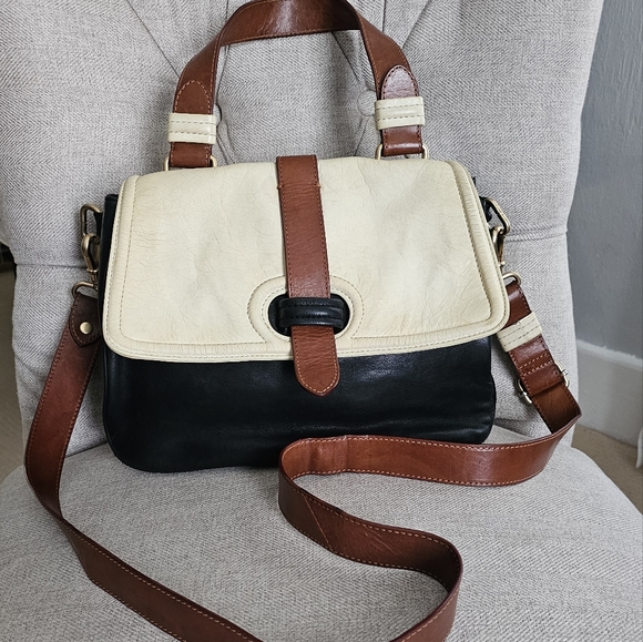 Nanette Lepore Two-tone leather bag (cream/black), tan trim, flap front satchel - Picture 1 of 15